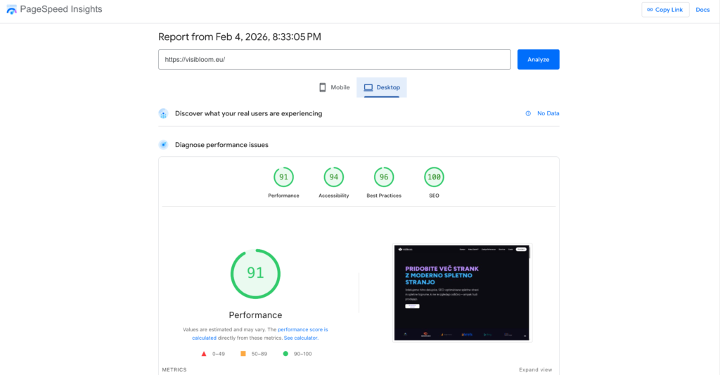 Seo Optimizacija Google PageSpeed Insights